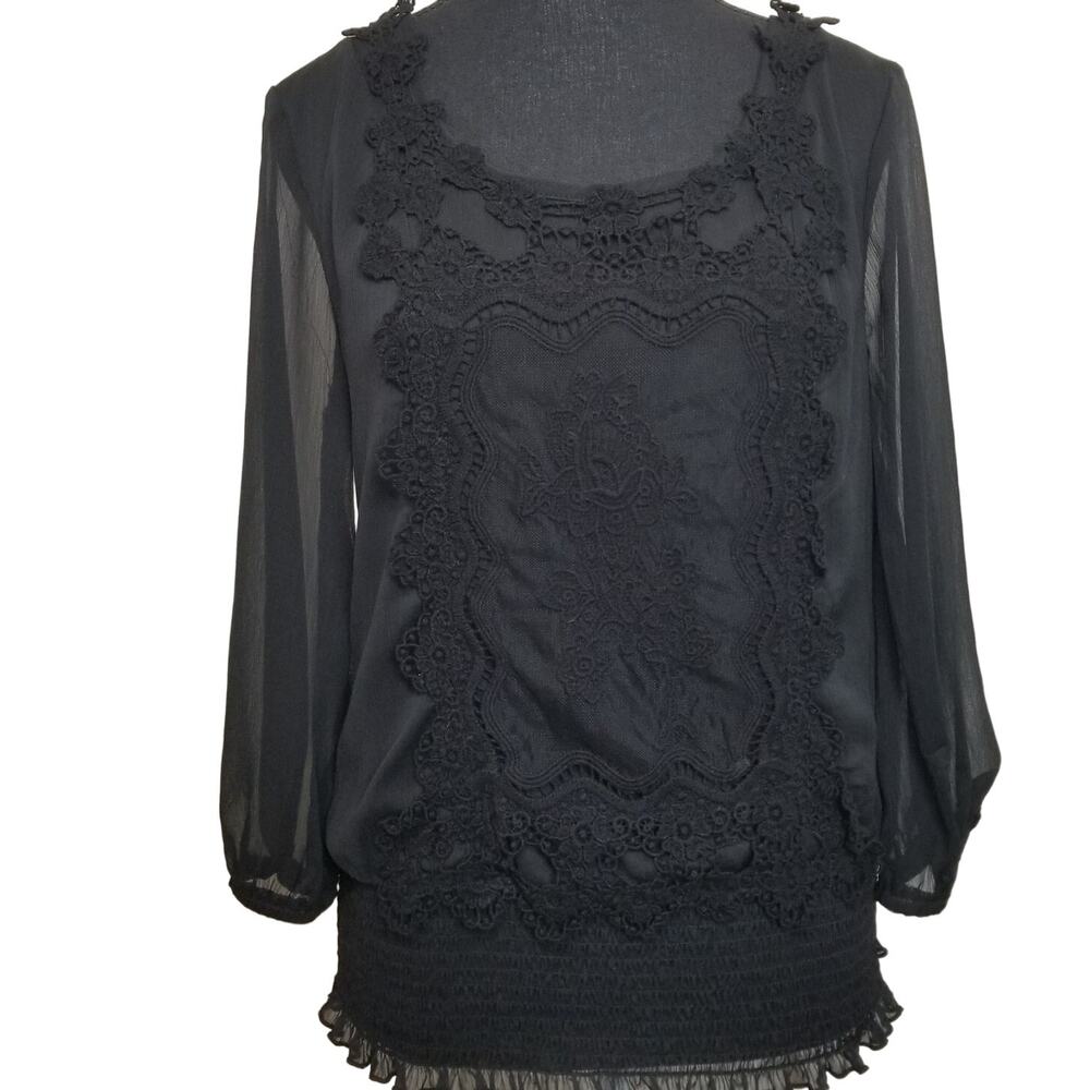 Cato Women's Black Sheer Lace Tunic Smocked Waist Long Sleeves Scoop Neck SZ M